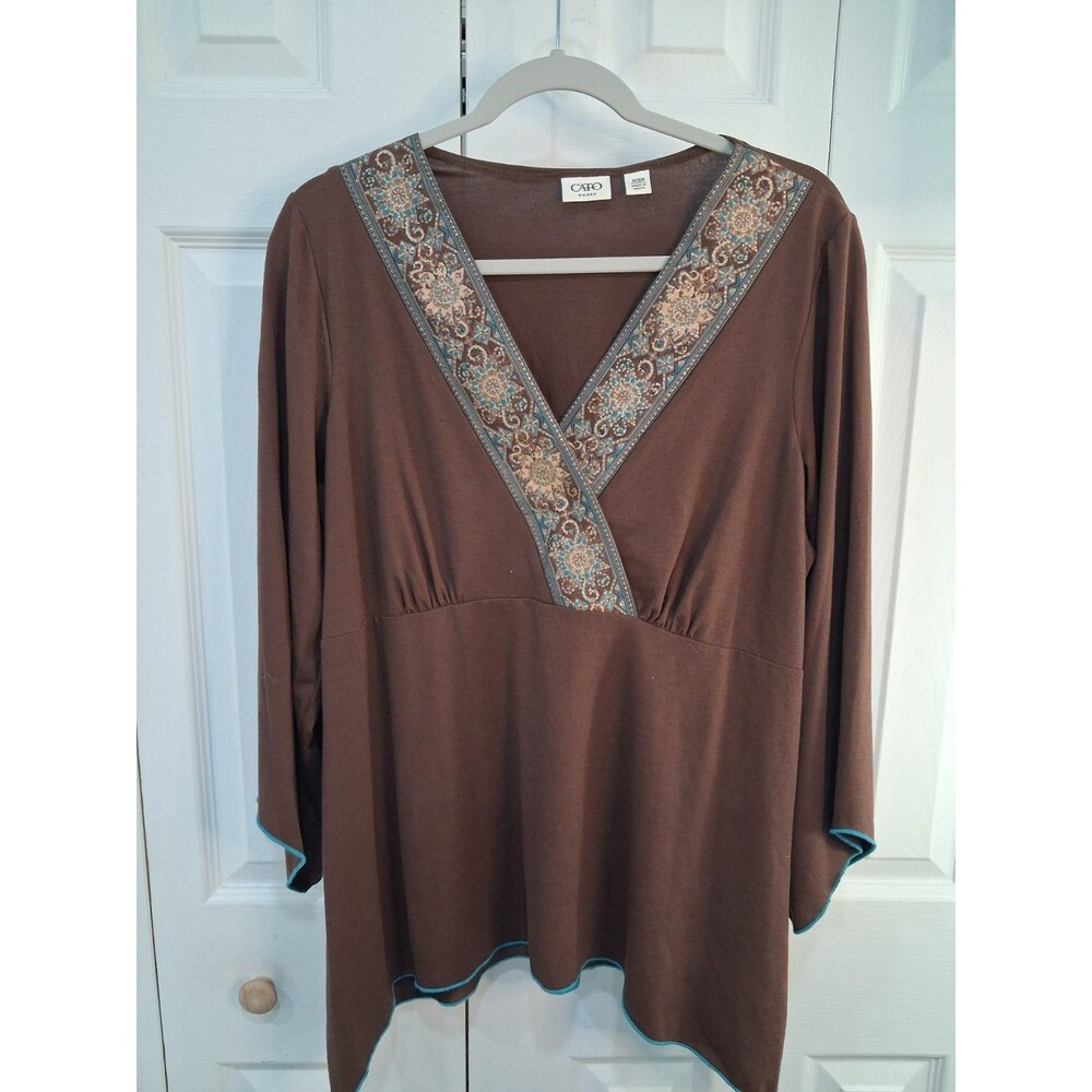 Cato Woman Top Brown V-Neck Blouse Long Sleeve Boho Embroidered Trim Plus14/16W